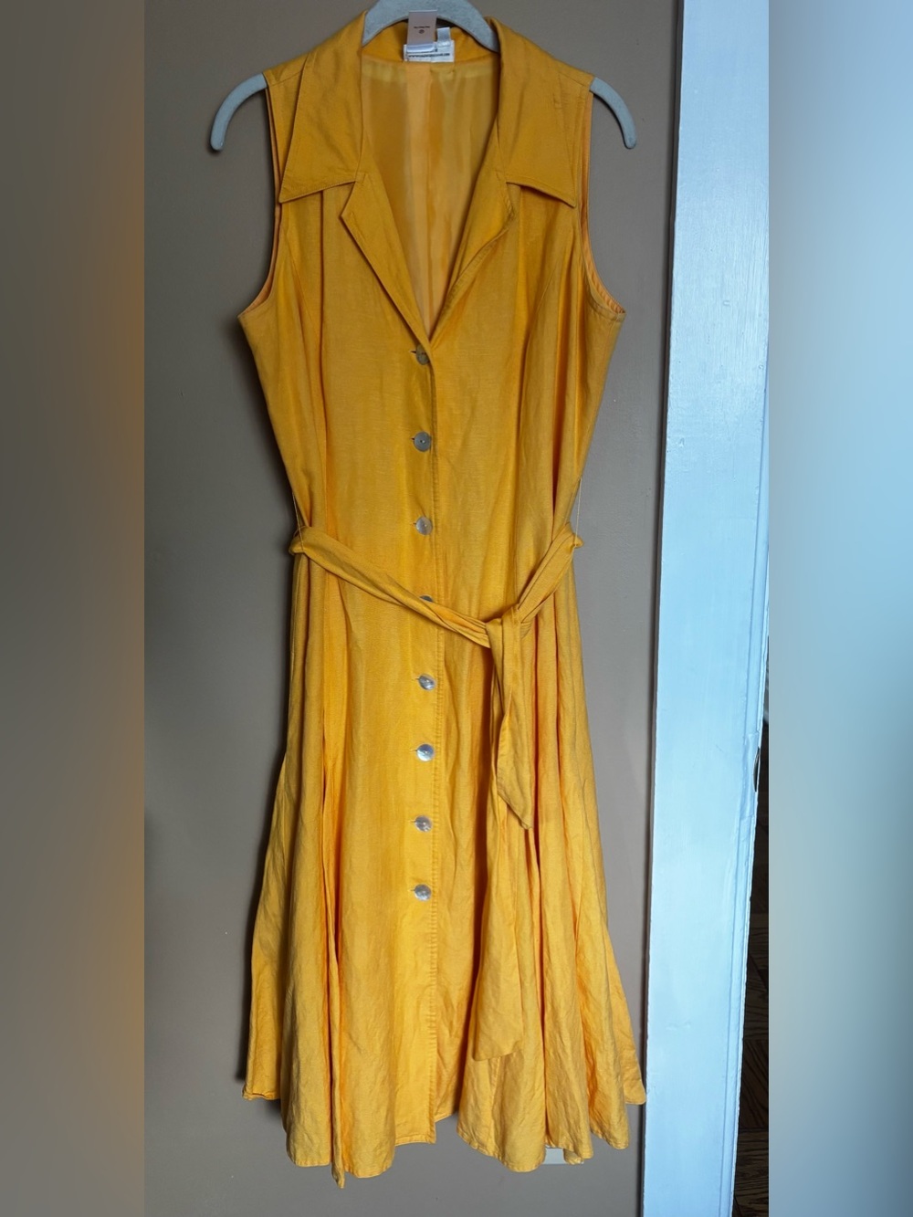 Coldwater Creek Yellow Linen Blend Button Front Sleeveless Midi Dress Size 12